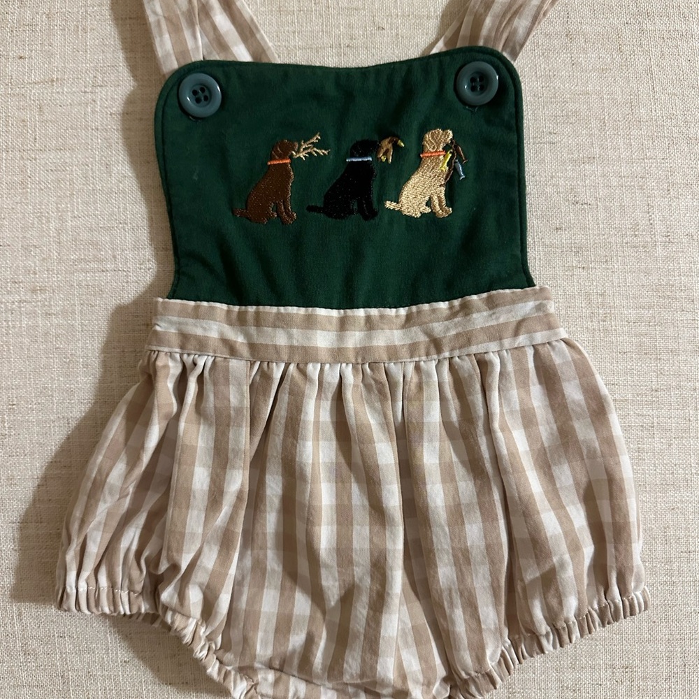 Baby Boy Embroidered Labrador Hunting Bubble Puppy Romper Green and Beige
